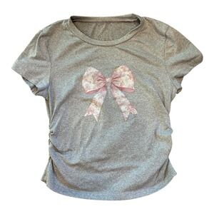 Womens Y2K Coquette Bow Graphic Ruched Tee‎ Sz Small